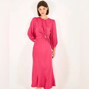 FARM Rio Solid Blouson Sleeve Cutout Midi Dress